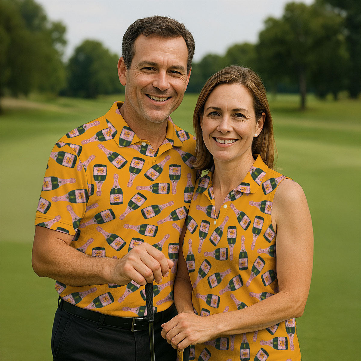 Rosé Champagne Seamless Pattern Yellow Golf Shirt, Polo ShirtFor Men, Golf Shirts For Men