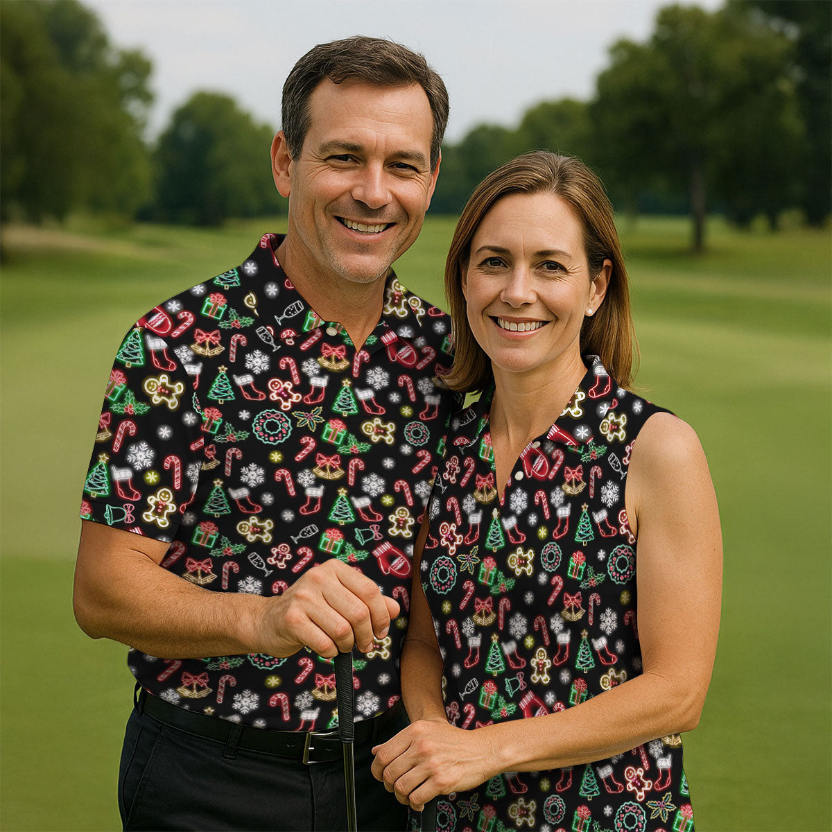 Neon Christmas Pattern Black Golf Polo ShirtFunny Golf Shirts Women, Christmas Golf Gift, Ladies Golf Shirts