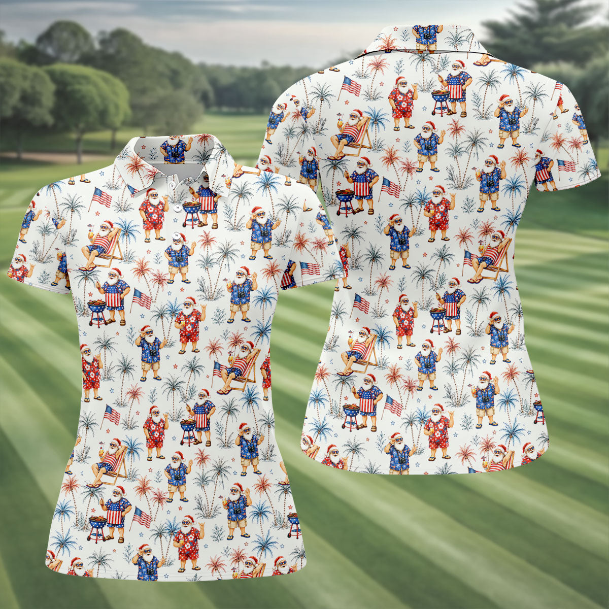 Patriotic Santa Tropical Christmas Polo Shirt, Womens Golf Polo, Hawaiian Golf Shirt