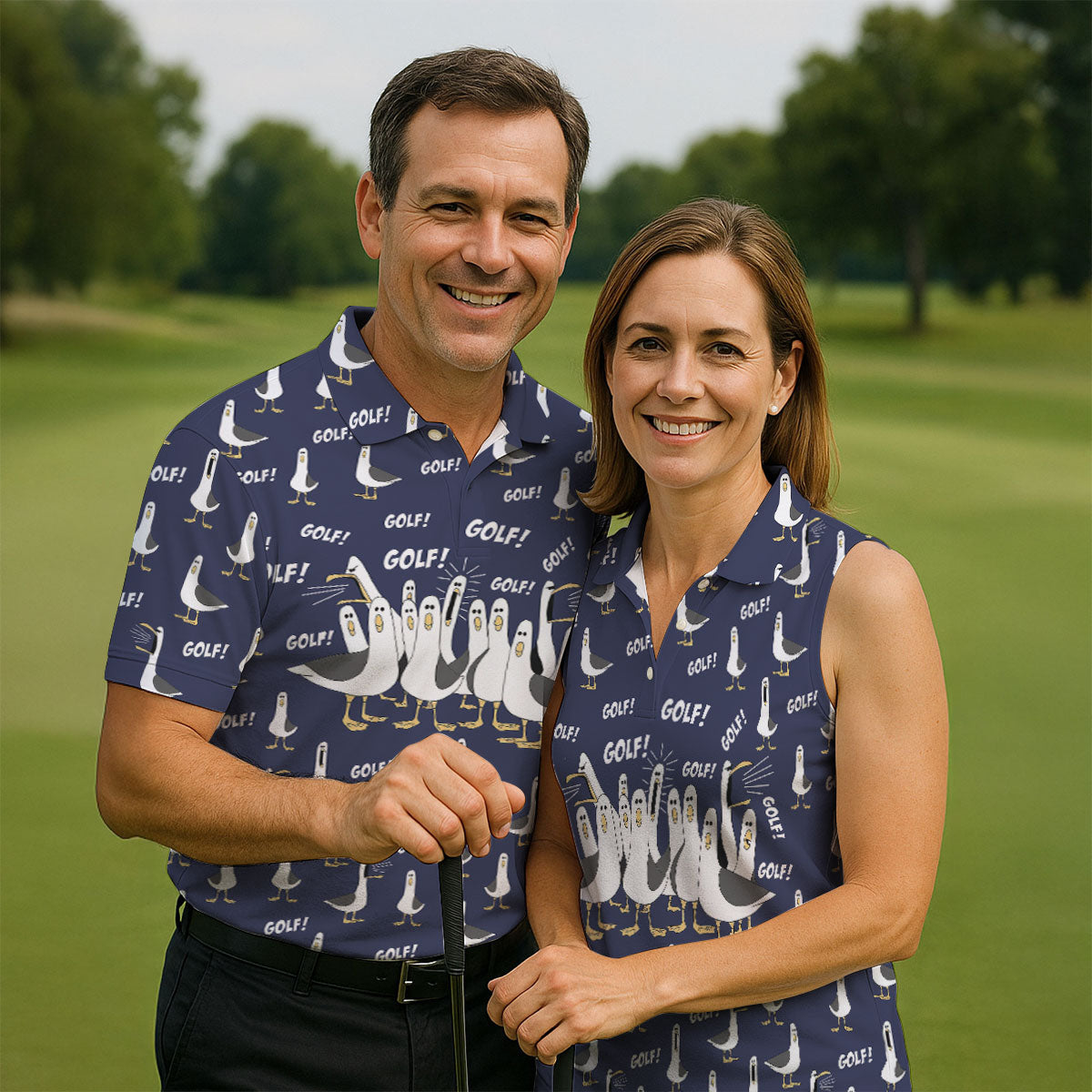 Funny Seagull Halloween Golf Shirt, Cartoon Bird Pattern, Mens Golf Apparel, Hawaiian Golf Shirt
