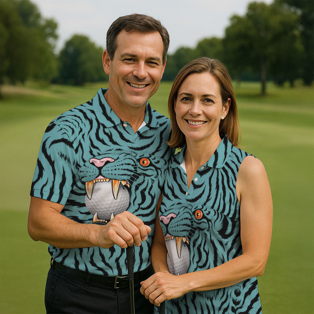 Funny Striped Tiger Biting Golf Ball Polo Shirt, Polo Shirts For Men, Mens Golf Apparel