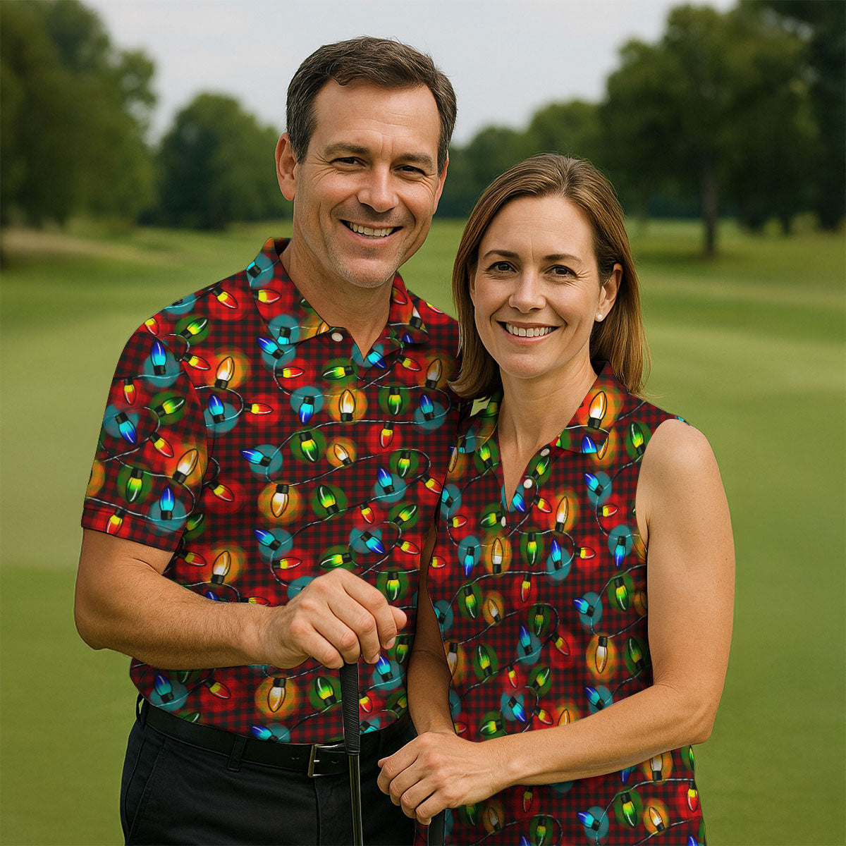 Colorful Christmas Light Plaid Women's Golf Tops, Christmas Golf Shirt, Golf Gift For Ladies