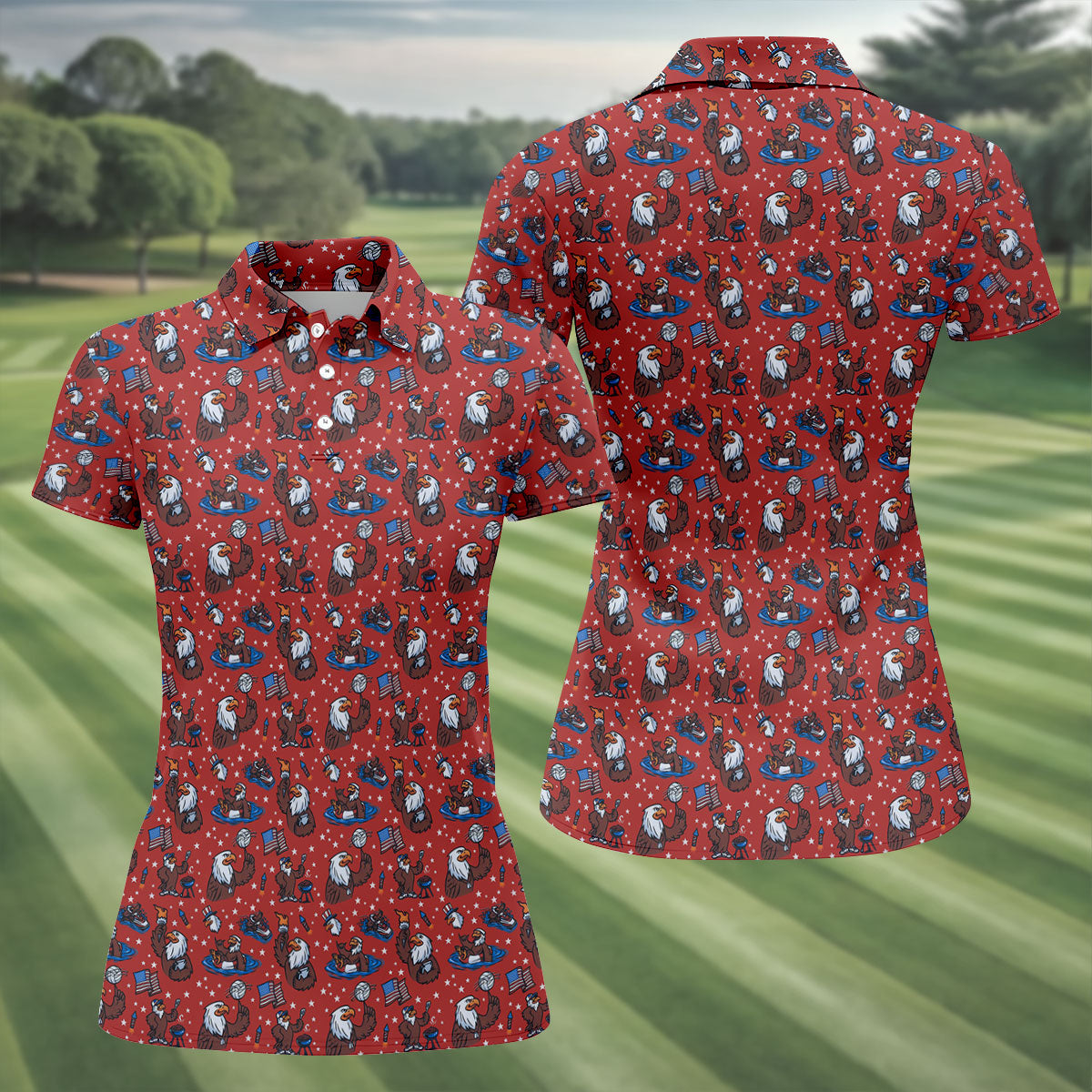Patriotic Bald Eagle Women Golf Top, 250th Anniversary 4th Of July Golf Shirt, Ladies Golf Shirts