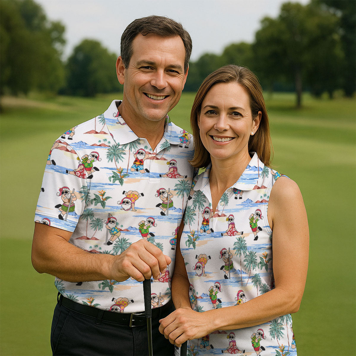 Beach Party Santa Christmas Golf Shirt, Women's Golf Tops, Printed Golf Shirt, Golf Polo For Women