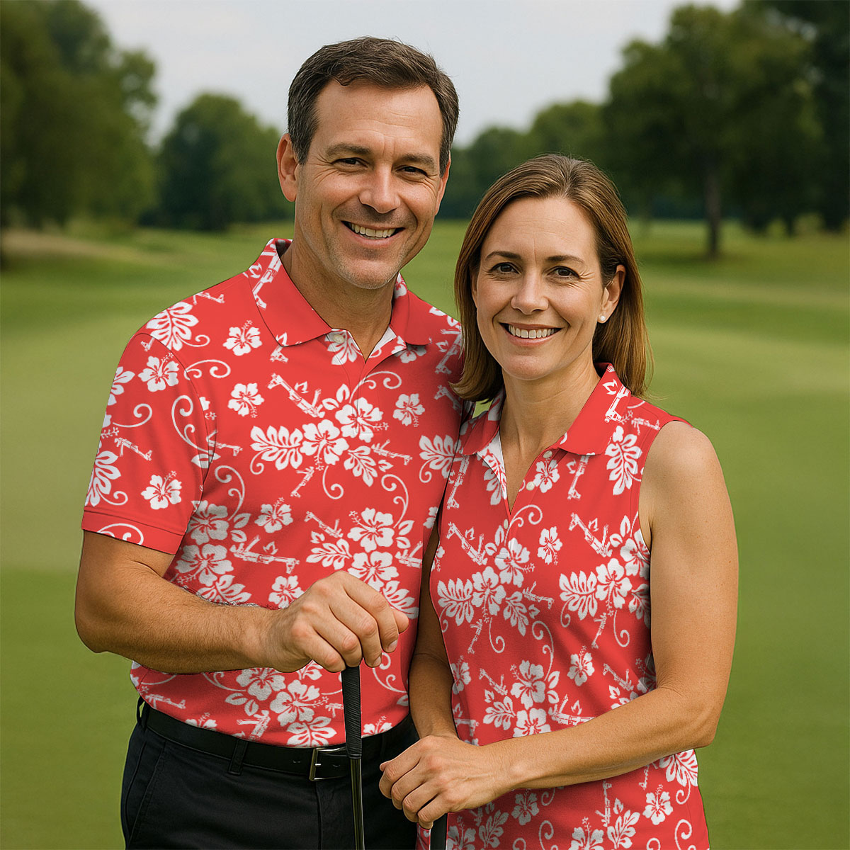 Tropical Flower Red Golf Shirt, Hawaiian Golf Shirt, Ladies Golf Tops, Golf Shirt For Women