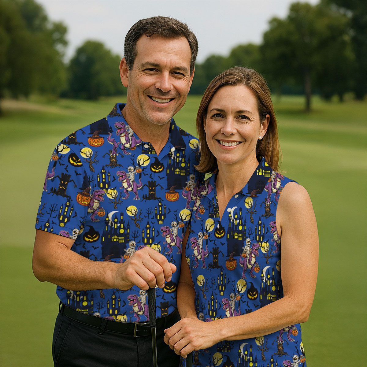 Dinosaur Mummy Pumpkin Halloween Polo Shirt, Mens Golf Shirts, Golf Polo Shirts For Men