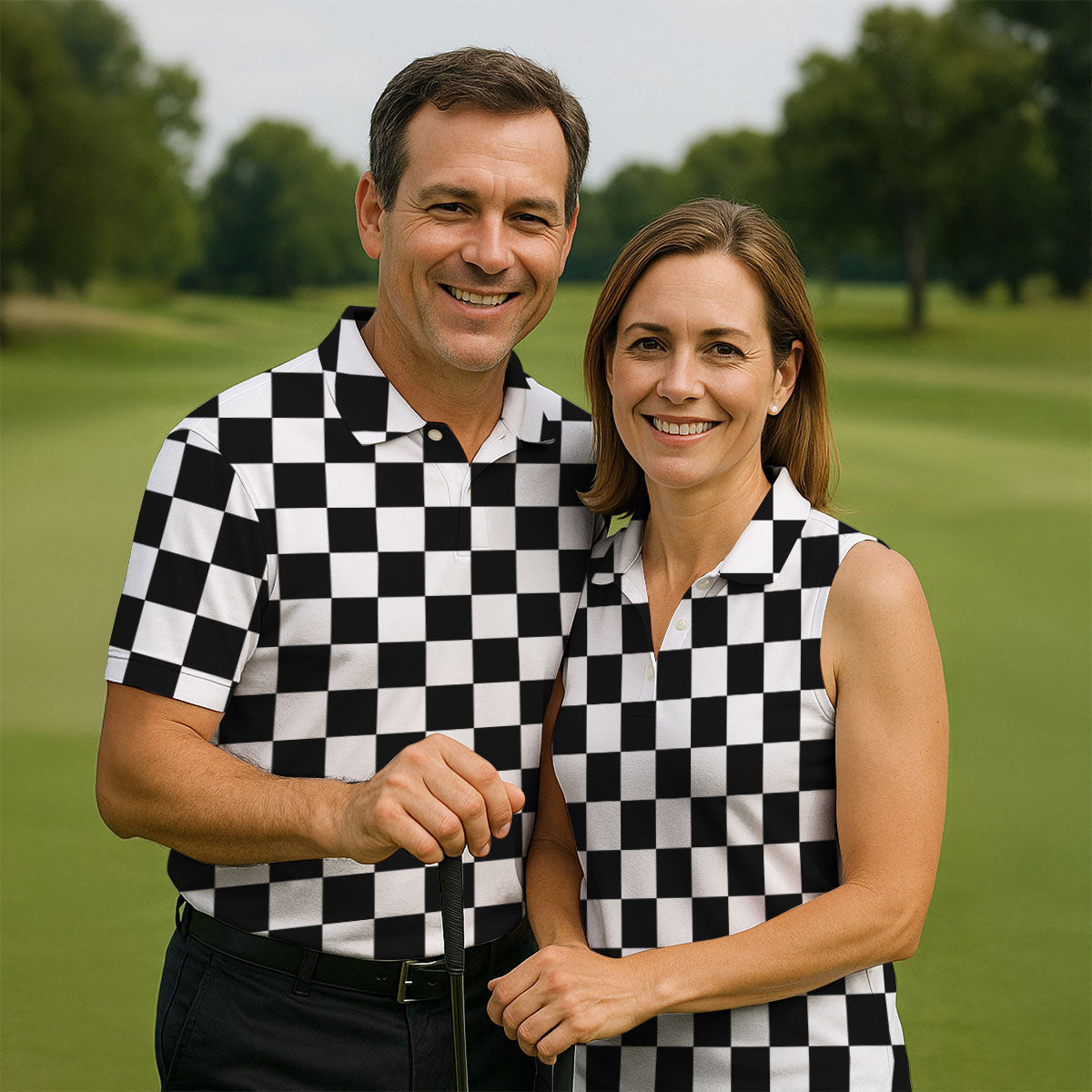 Black White Checkerboard Golf Shirt, Racing Flag Men's Golf Polo, Polo Shirts For Men