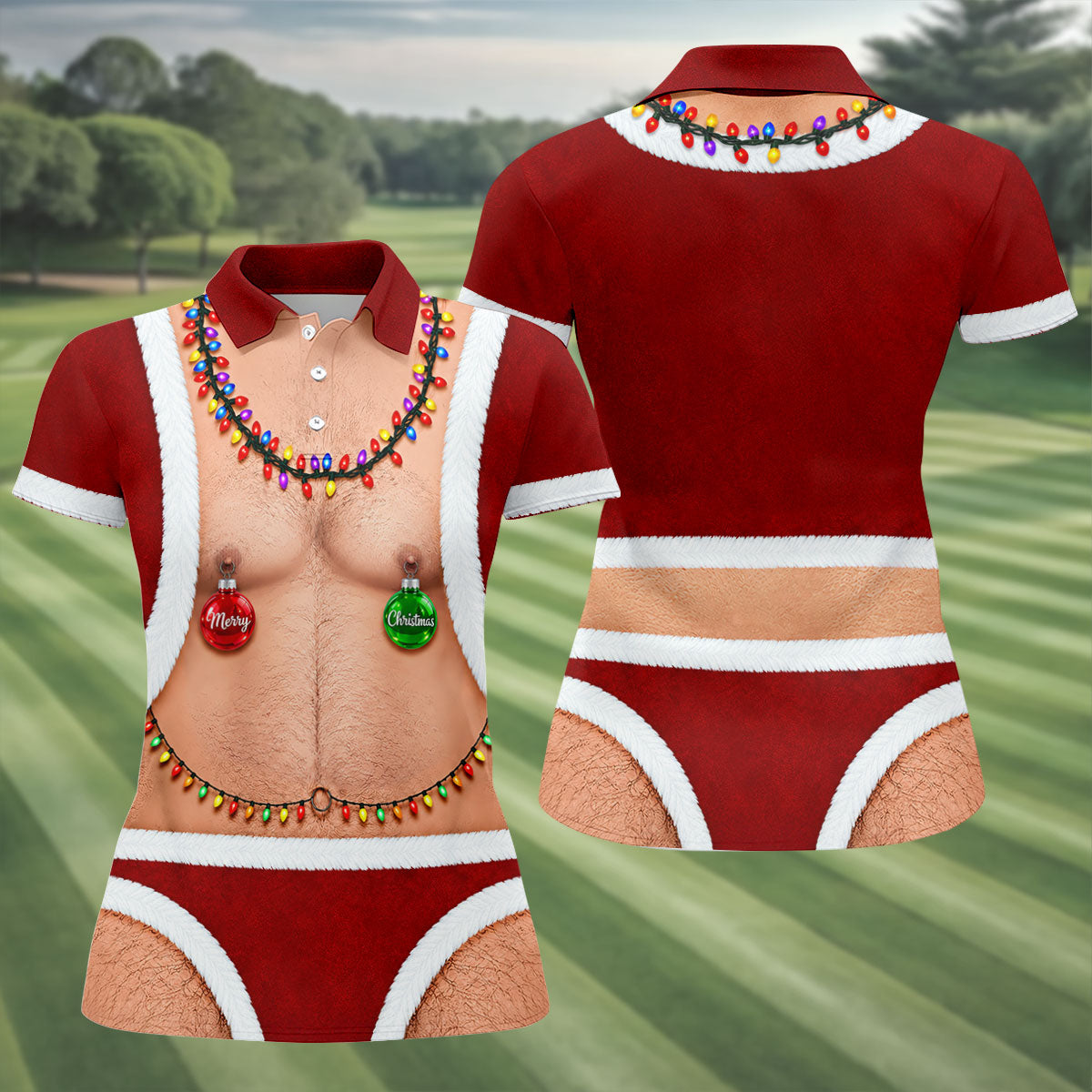 Funny Santa Ornament Lights Christmas Golf Shirt, Women’s Golf Polo, Golf Tops For Women