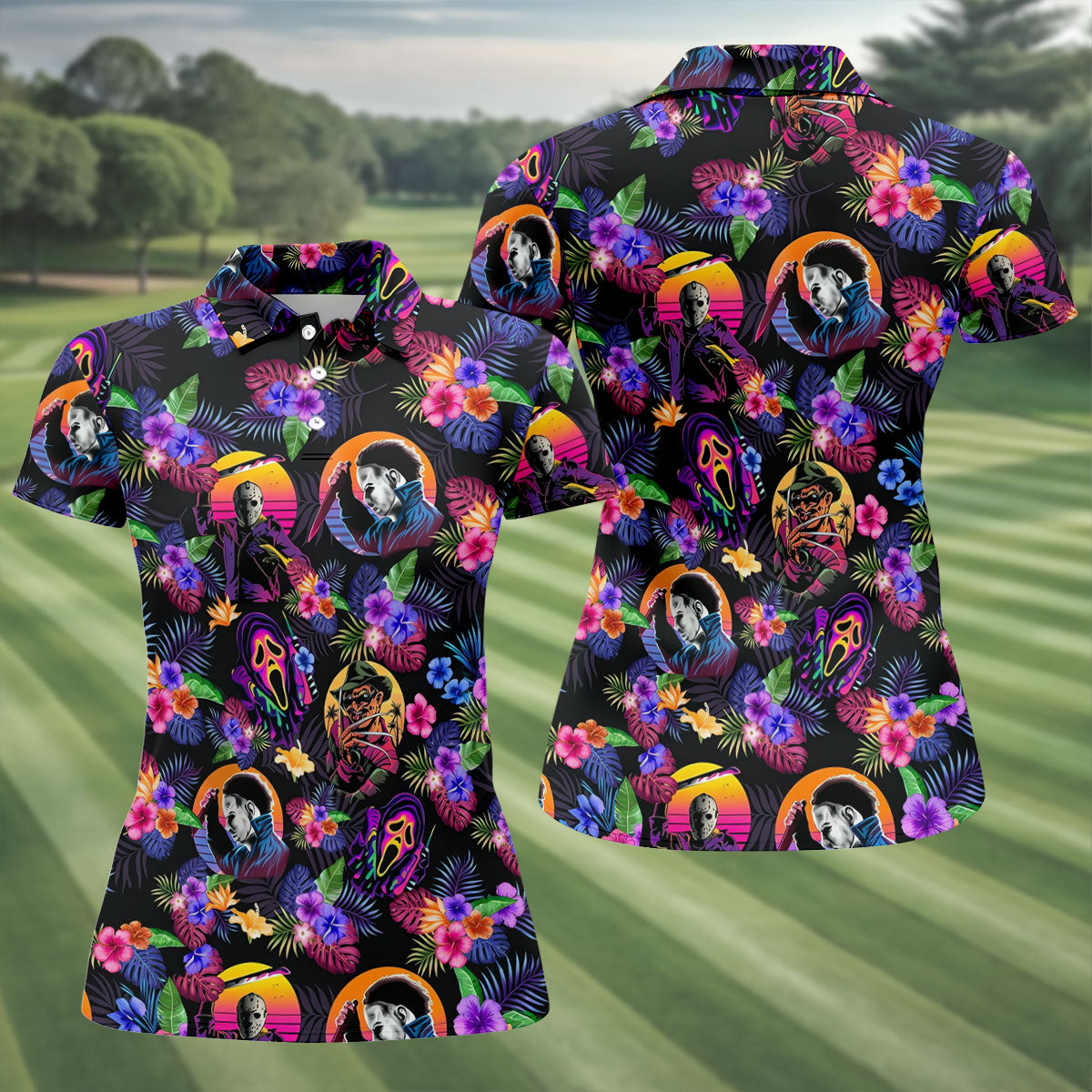 Retro Neon Horror Character Halloween Golf Shirt, Women’s Golf Polo, Printed Golf Shirt
