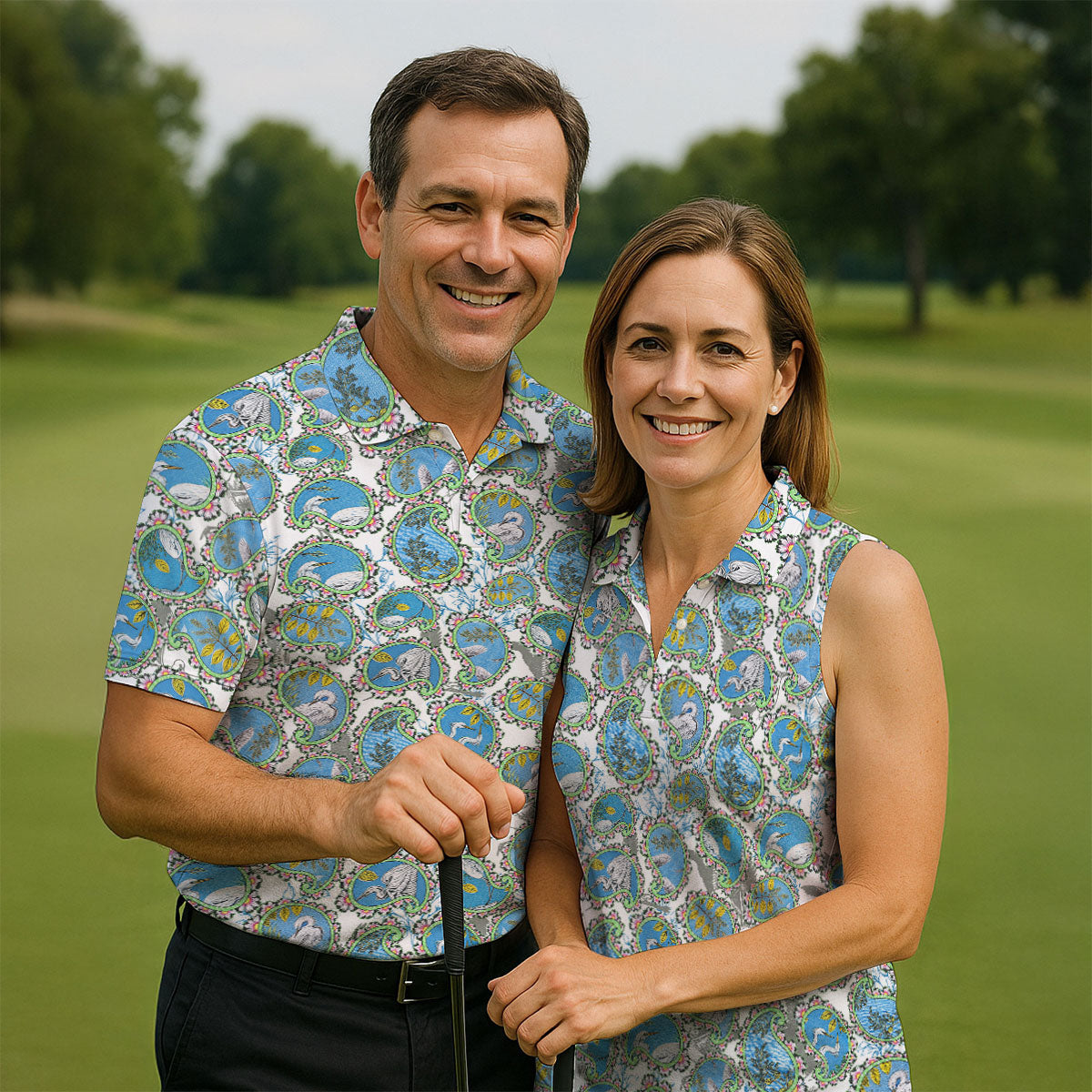 Paisley Flowers Heron Painting Print Golf Shirt, Polo ShirtFor Men, Golf Shirts For Men