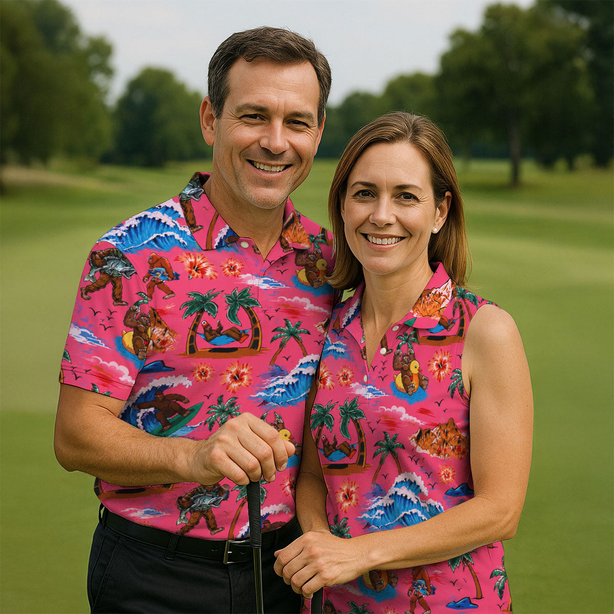Pink Bigfoot Aloha Beach Vacation Golf Shirt, Mens Golf Polo, Printed Golf Shirts