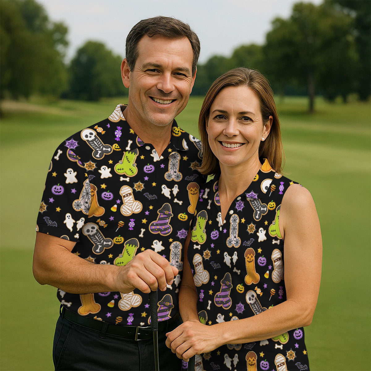 Funny Adult Halloween Cookie Pattern Polo Shirt, Men's Golf Shirt, Printed Golf Shirts