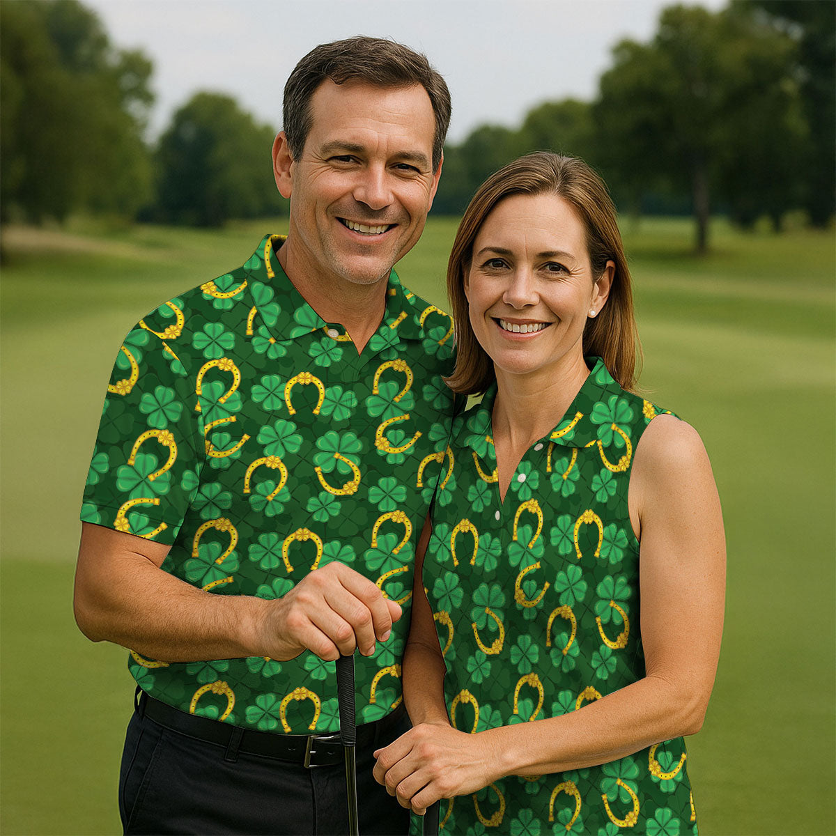 Four Leaf Clovers Golden Horseshoes St Patrick's Day Golf Shirt, Women's Golf Tops, Ladies Golf Polos
