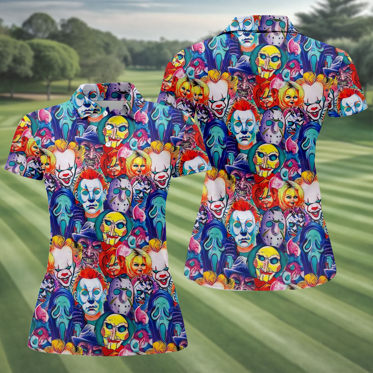 Colorful Horror Character Faces Halloween Polo Shirt, Golf Polo For Women, Ladies Golf Top