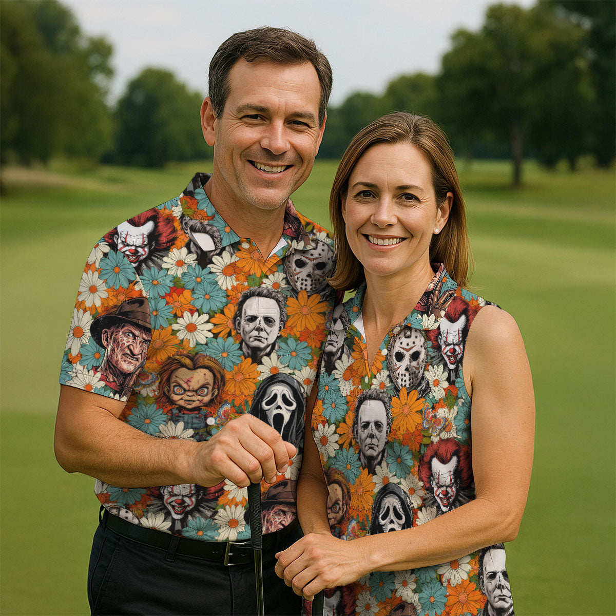 Floral Horror Character Halloween Golf Shirt, Women's Golf Apparel, Printed Golf Shirt