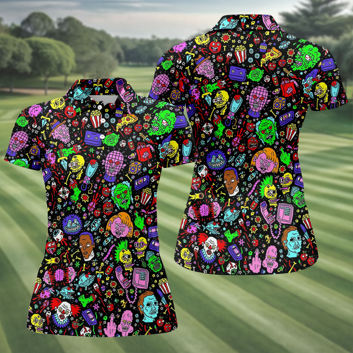 Halloween Horror Character Doodle Hawaiian Golf Shirt, Women's Golf Polo, Printed Golf Shirt