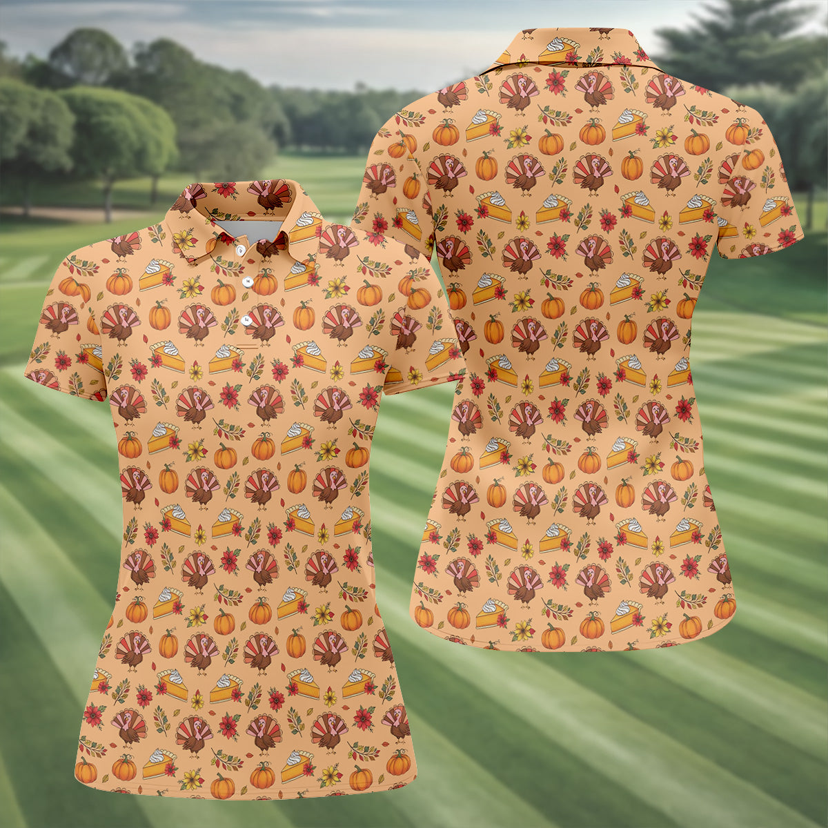 Cute Thanksgiving Turkey Pumpkin Pie Women's Golf Tops, Orange Golf Shirt, Thanksgiving Golf Gift For Ladies