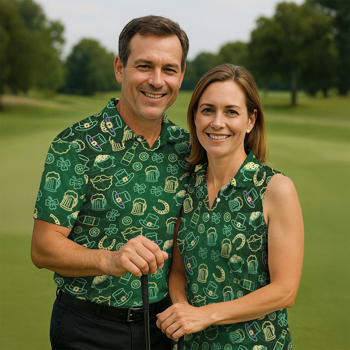 Beer Shamrock Neon Pattern St Patrick's Day Golf Shirt, Women Golf Top, Ladies Golf Shirts
