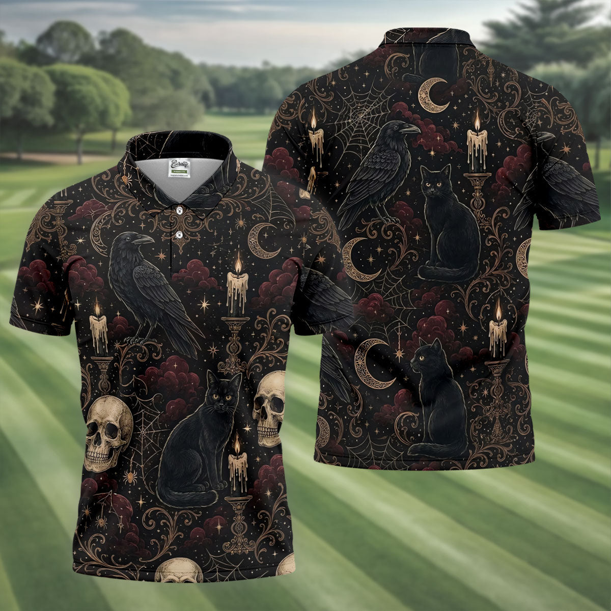Gothic Raven Black Cat Skull Halloween Polo Shirt, Golf Shirts For Men, Mens Golf Apparel