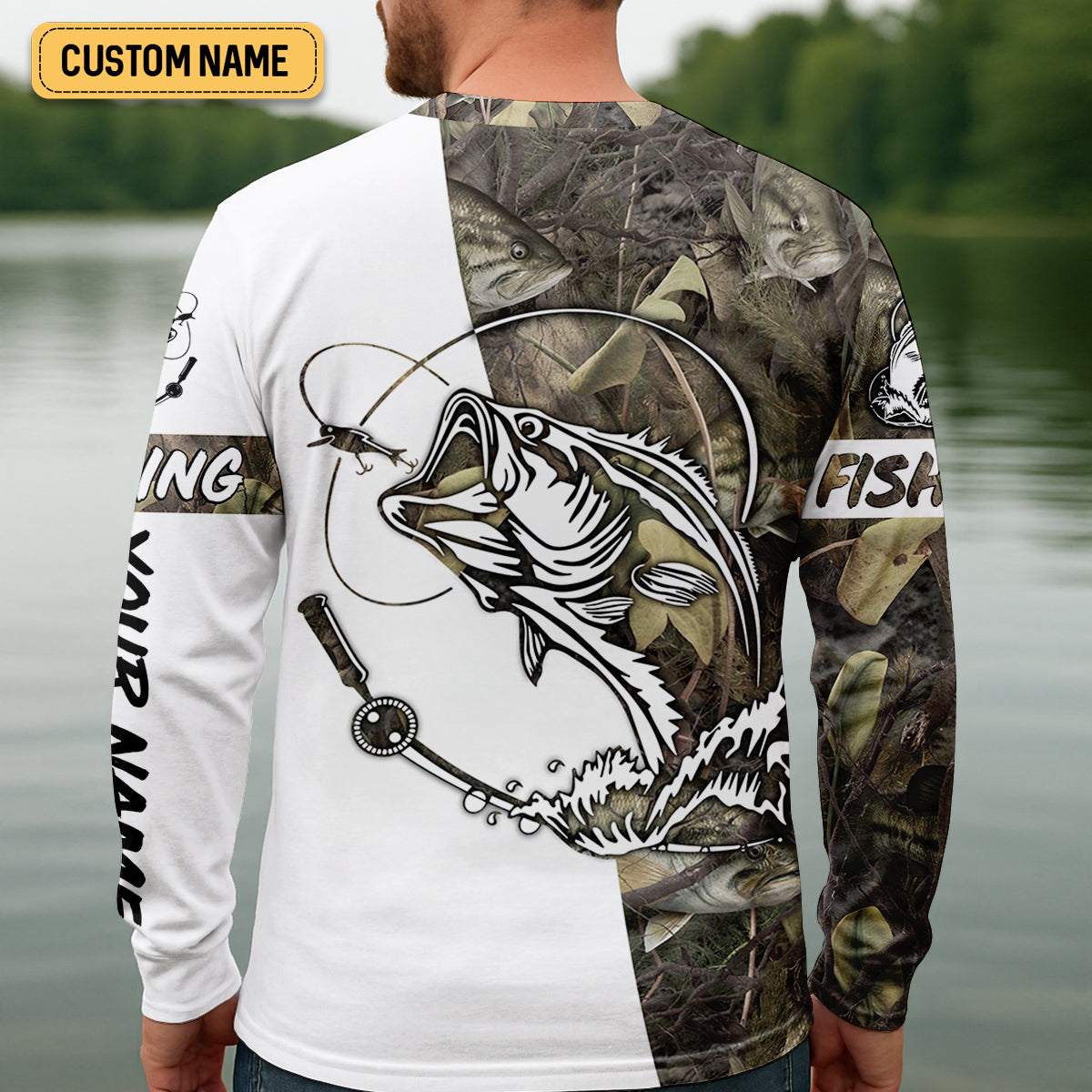 Camo White Fishing UPF Shirts, Camouflage Fishing Shirts, Fishing Gifts For Men, Men's Fishing Shirt