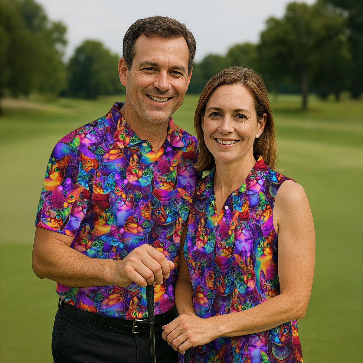 Psychedelic Cat Golf Shirt, Colorful Neon Cat Pattern, Polo Shirts For Men