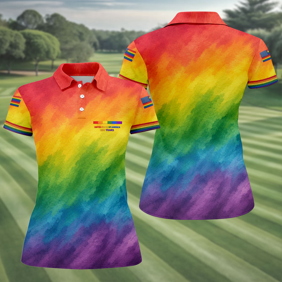 USA 250 Years LGBT Rainbow Women's Golf Tops, LGBT Pride Month Patriotic Golf Shirt