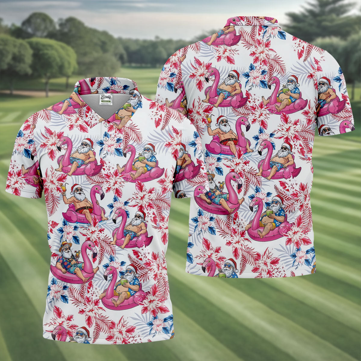 Funny Tropical Santa Flamingo Christmas Polo Shirt, Mens Golf Polo, Hawaiian Golf Shirt