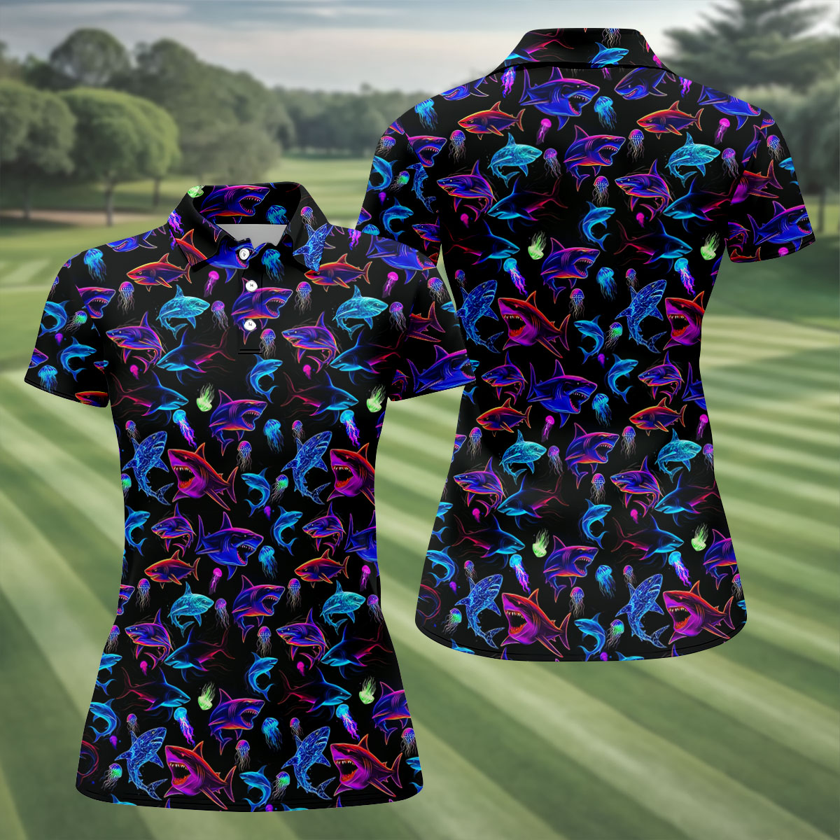 Neon Shark Funny Golf Shirt, Golf Shirt For Women, Ladies Golf Shirts, Women's Polo Shirt
