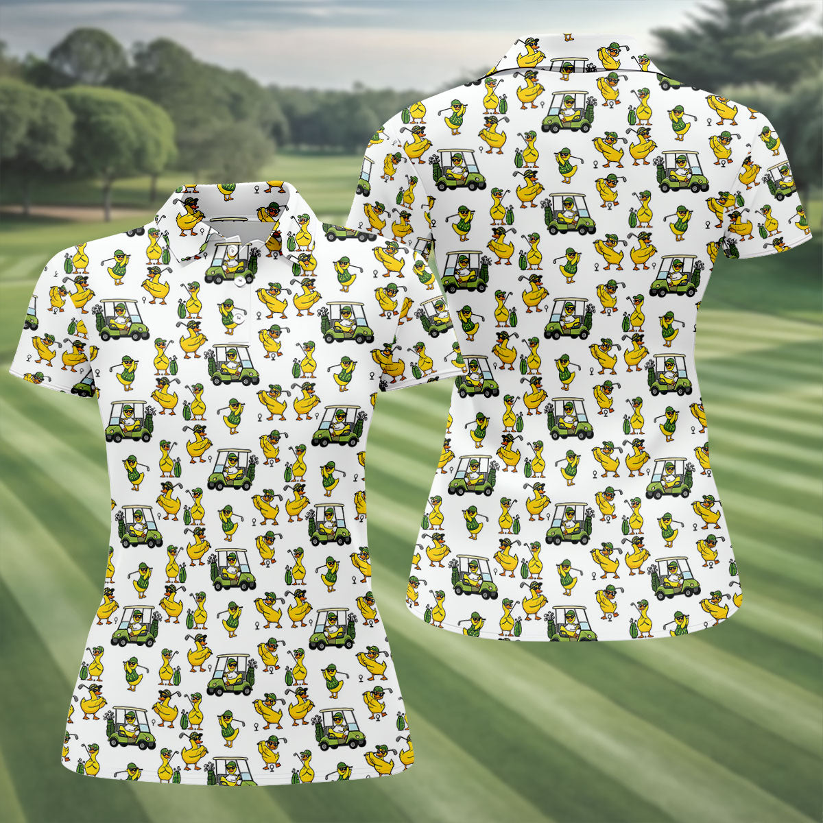 Funny Duck And Golf Cart Pattern Polo Shirt, Womens Golf Polo, Golf Apparel For Women