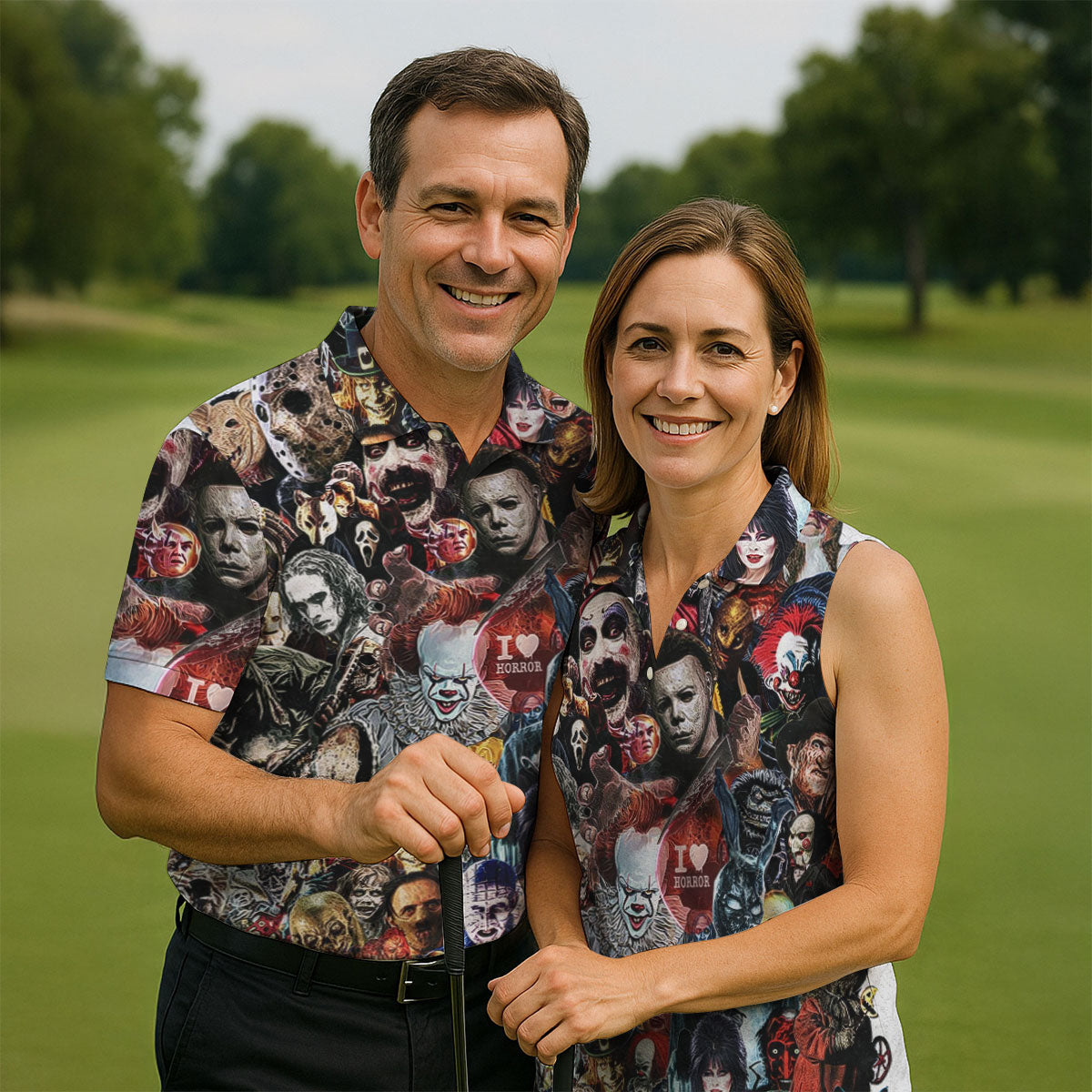 Classic Horror Icons Collage Halloween Golf Shirt, Mens Golf Polo, Printed Golf Shirts