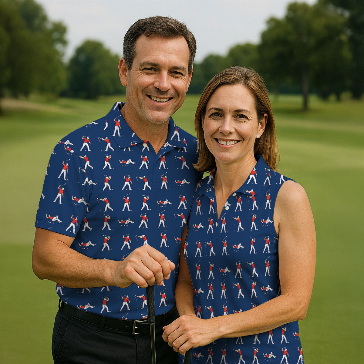 Cartoon Figures Golf Pose Navy Golf Shirt, Ladies Golf Shirts, Golf Shirt For Women, Ladies Golf Polos