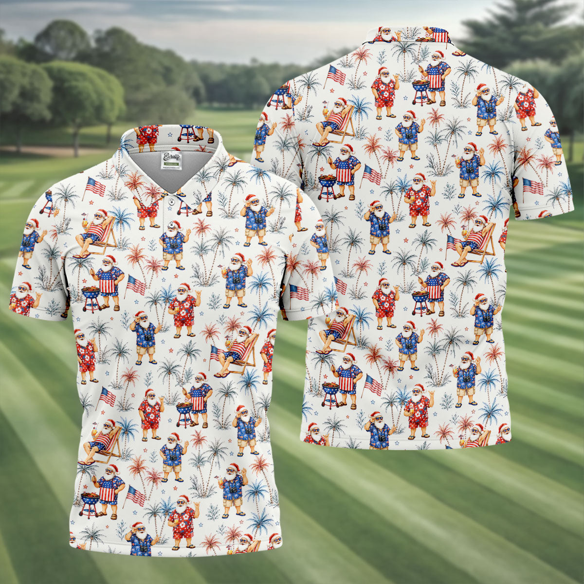 Patriotic Santa Tropical Christmas Polo Shirt, Mens Golf Polo, Hawaiian Golf Shirt