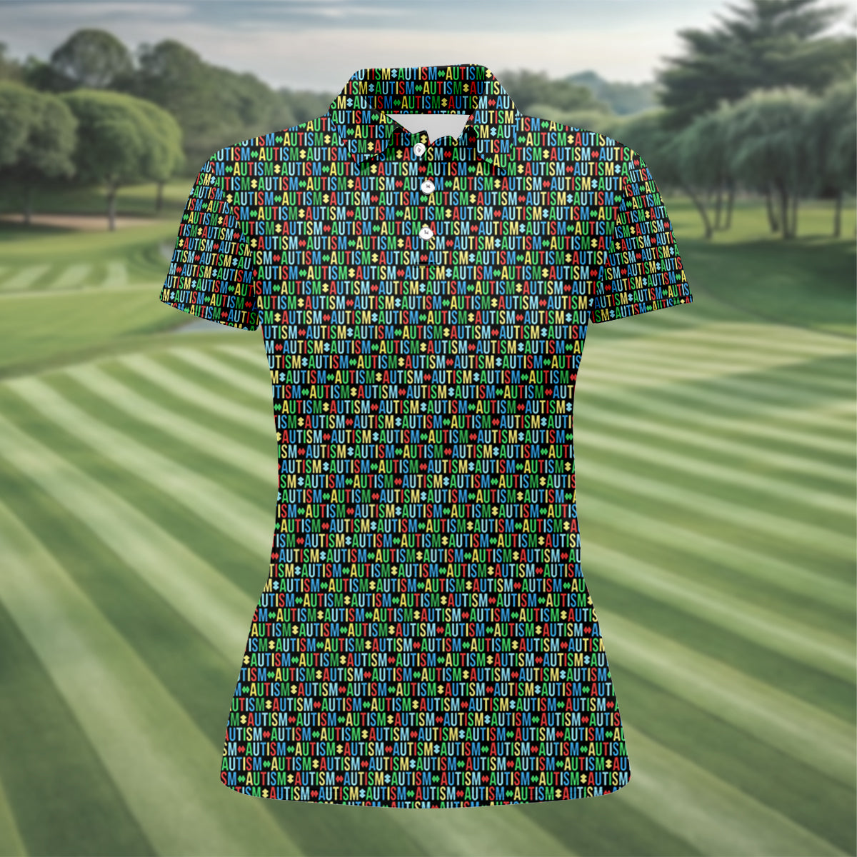 Autism Awareness Colorful Letters Seamless Pattern Ladies Golf Shirts, Golf Shirt For Women