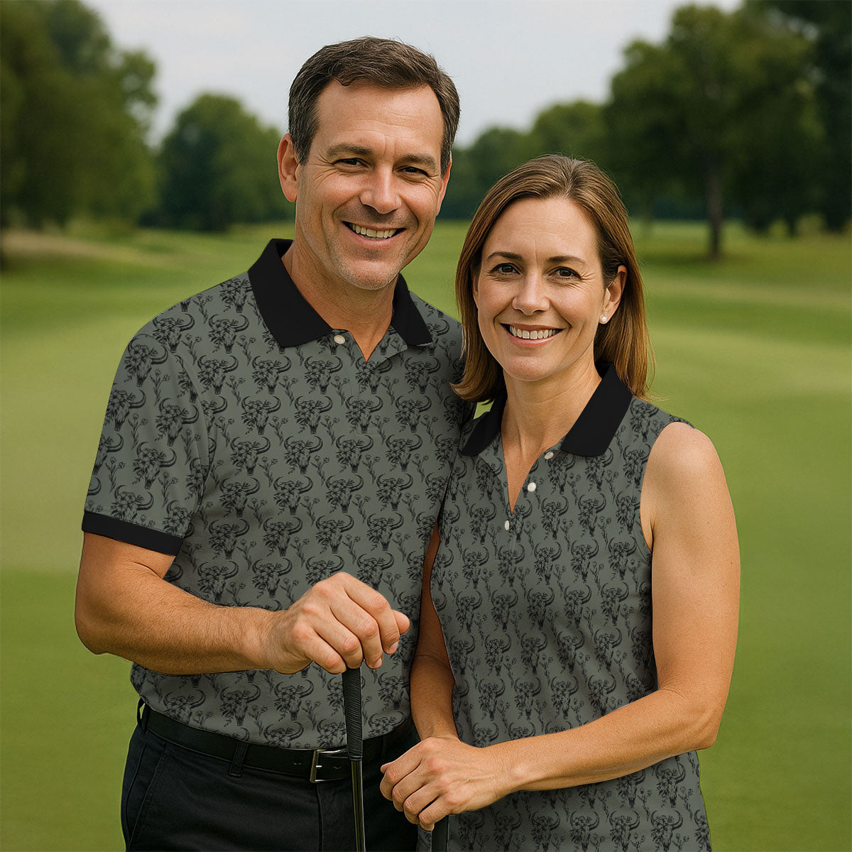 Cow Skull With Flowers Western Theme Forest Green Golf Tops For Men, Polo ShirtFor Men, Golf Shirts For Men