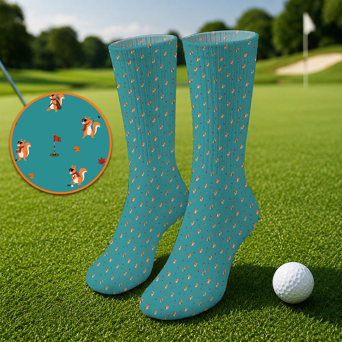 Fall Pattern Golf Socks, Autumn Squirrel Golf Sock, Crazy Golf Gift For Golfer