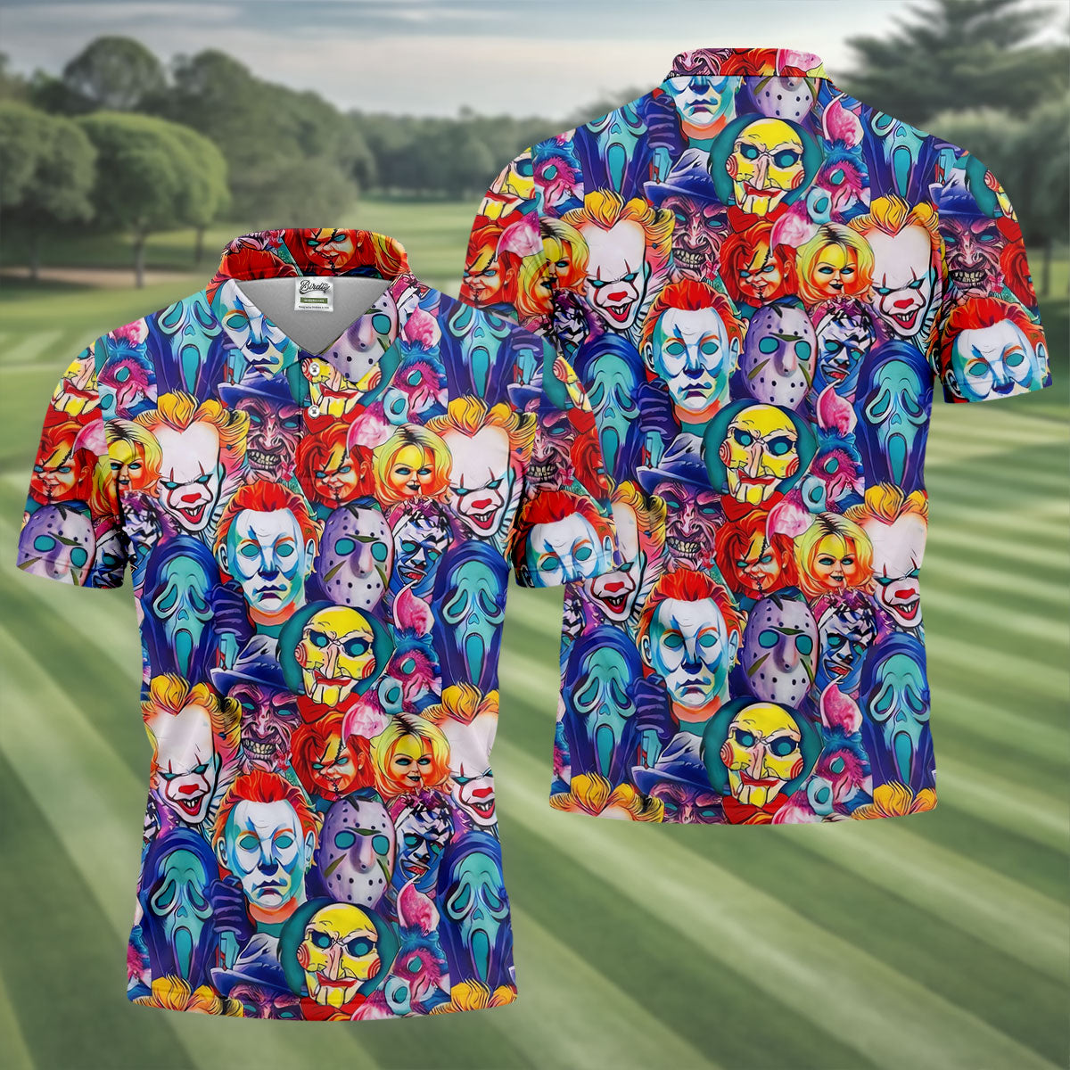 Colorful Horror Character Faces Halloween Polo Shirt, Mens Golf Shirts, Mens Polo Shirts