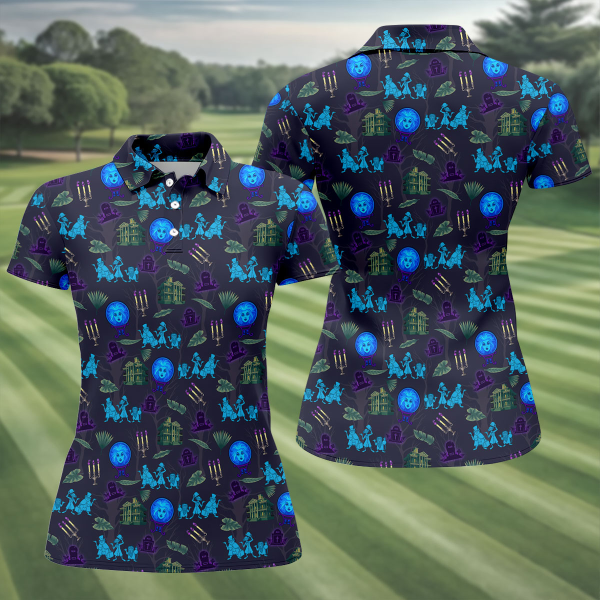 Crystal Ball Ghost Trio Halloween Polo Shirt, Printed Golf Shirt, Women’s Golf Apparel
