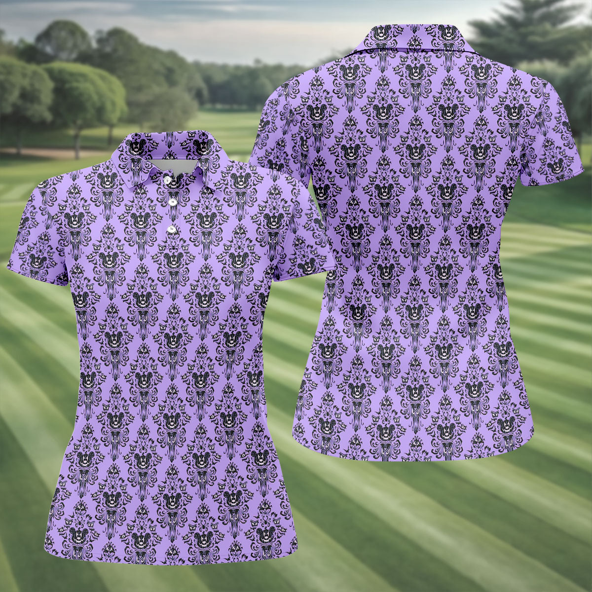 Purple Demon Face And Bat Halloween Polo Shirt, Golf Polo For Women, Ladies Golf Shirts