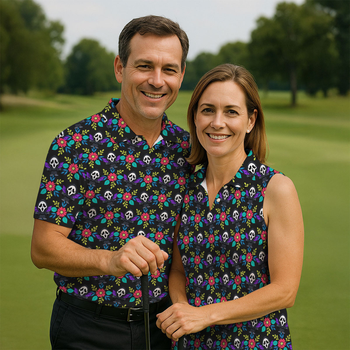 Floral Horror Character Halloween Polo Shirt, Women's Halloween Shirt, Women's Golf Polo