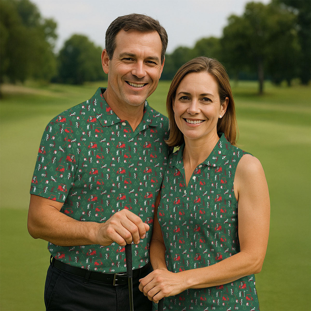 Christmas Golf Cart and Golfer Polo Shirt, Golf Polo Shirts For Men, Mens Golf Shirts