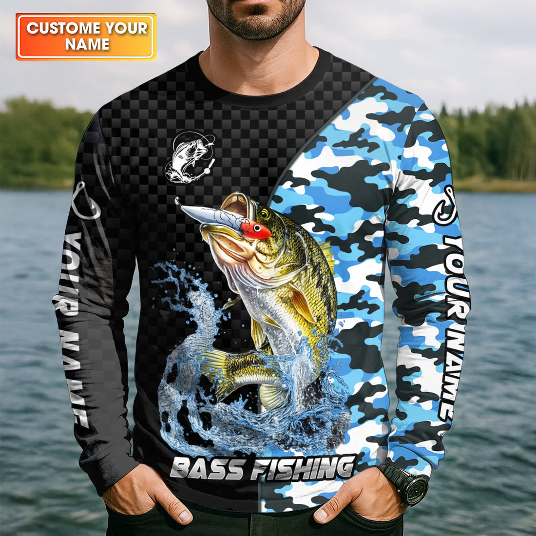 Bass Fishing Camo UPF Shirt, Largemouth Bass Fishing Shirt, Personalized Fishing Shirts For Men