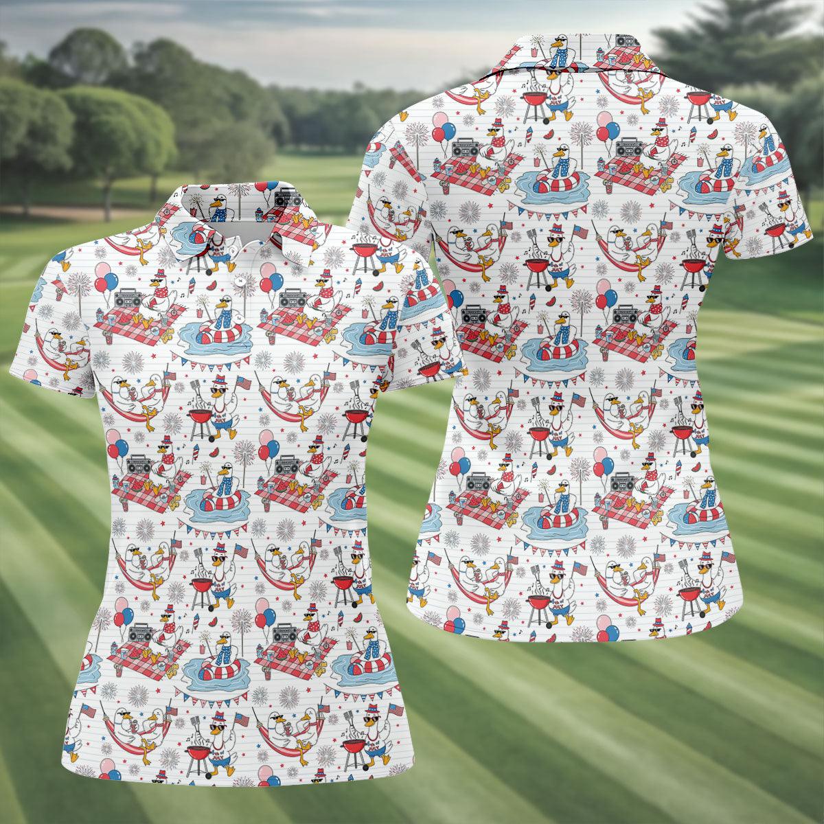 Funny Patriotic Duck Summer Party Polo Shirt, Womens Golf Polo, Golf Shirts For Women