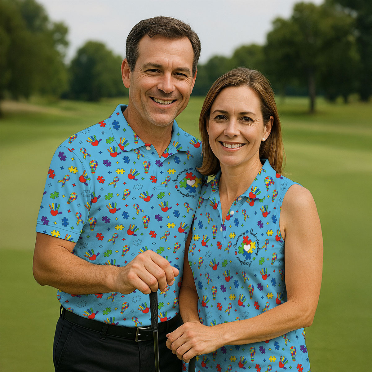 Awareness Understanding Acceptance Autism Ribbon Blue Golf Shirt, Autism Awareness Colors Women's Golf Tops