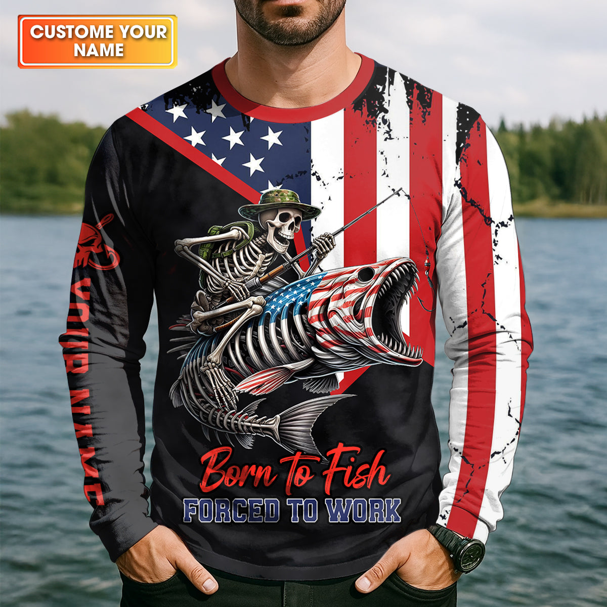 Born To Fish Forced To Work USA Fishing Shirt, Funny Fishing UPF Shirts, Personalized Fishing Shirts For Men