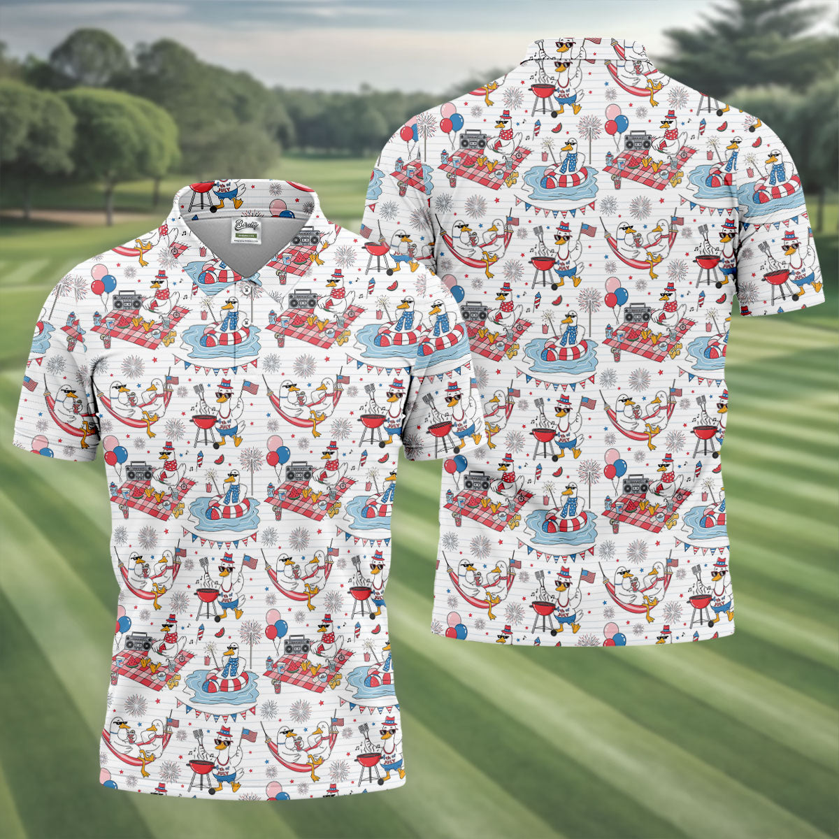 Funny Patriotic Duck Summer Party Polo Shirt, Mens Golf Polo, Golf Shirts For Men