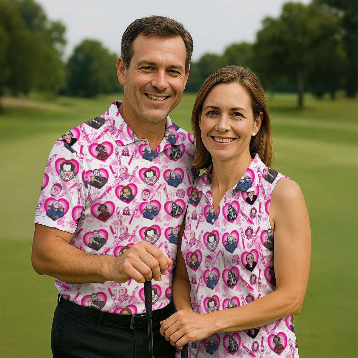 Pink Horror Character Pattern Golf Polo Shirt for Men Halloween Golf Apparel Printed Golf Shirts