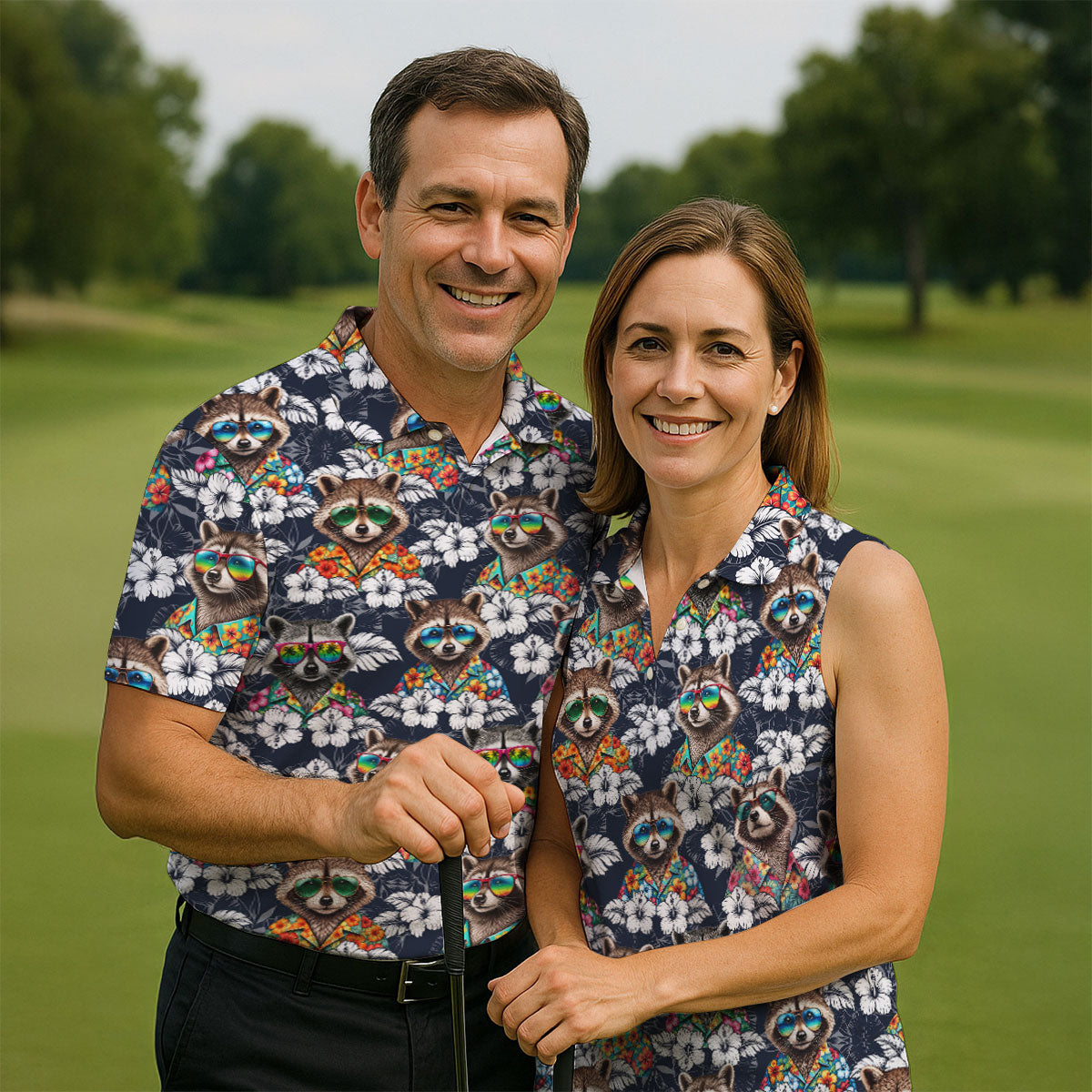 Cool Raccoons in Rainbow Sunglasses Hawaiian Golf Polo, Golf Tops For Women, Golfing Apparel