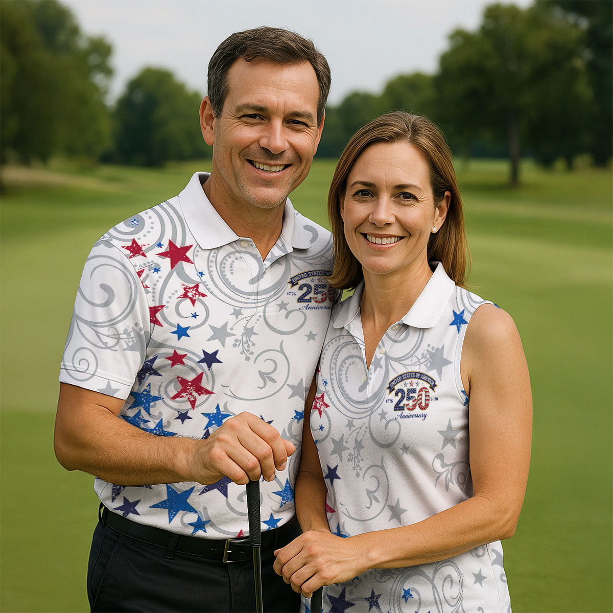 United States Of America 250 Anniversary Patriotic 4th Of July Golf Shirt, Red Blue Stars Golf Shirts For Men