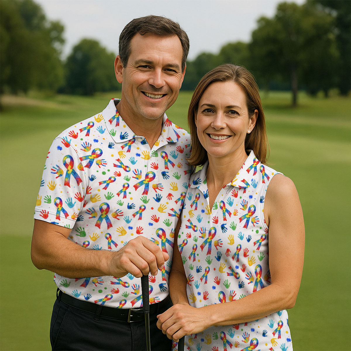 Colorful Handprints Autism Ribbon Women's Golf Tops, Autism Awareness Color Ladies Golf Polos