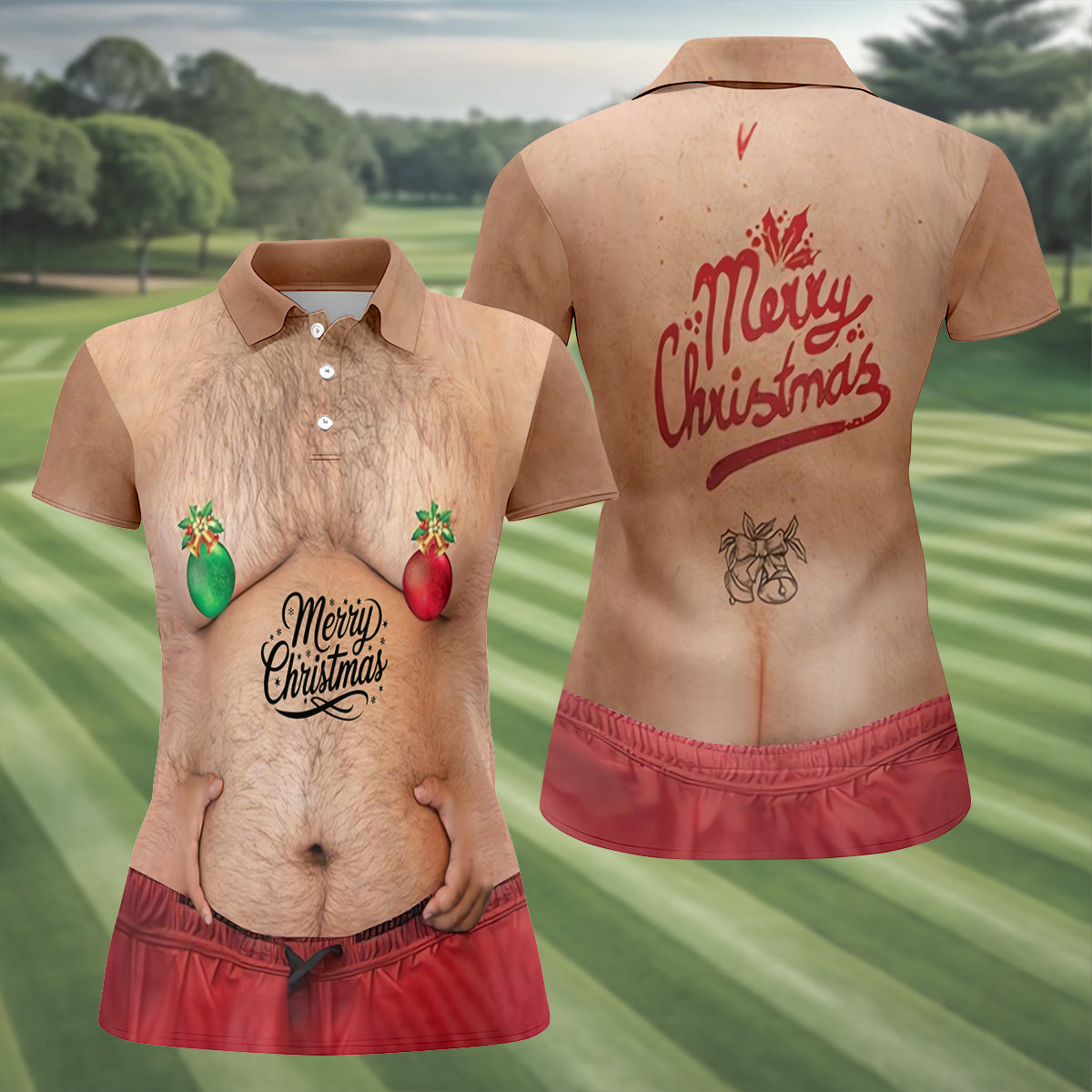 Funny Ugly Hairy Belly Women's Golf Tops, Christmas Golf Shirt, Ladies Golf Polos, Golfing Apparel